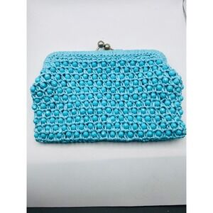 Vintage Turquoise Blue Beaded Mini Clutch With Clasp Made In Italy Raffia Style